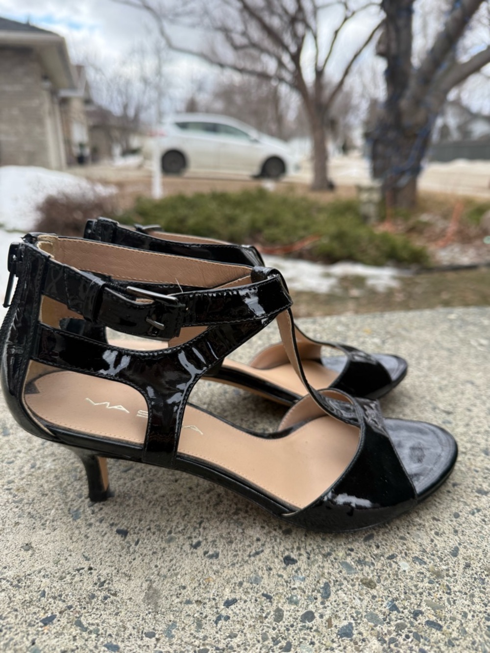 Vaneli Black Patent Leather T-Strap Kitten Heels